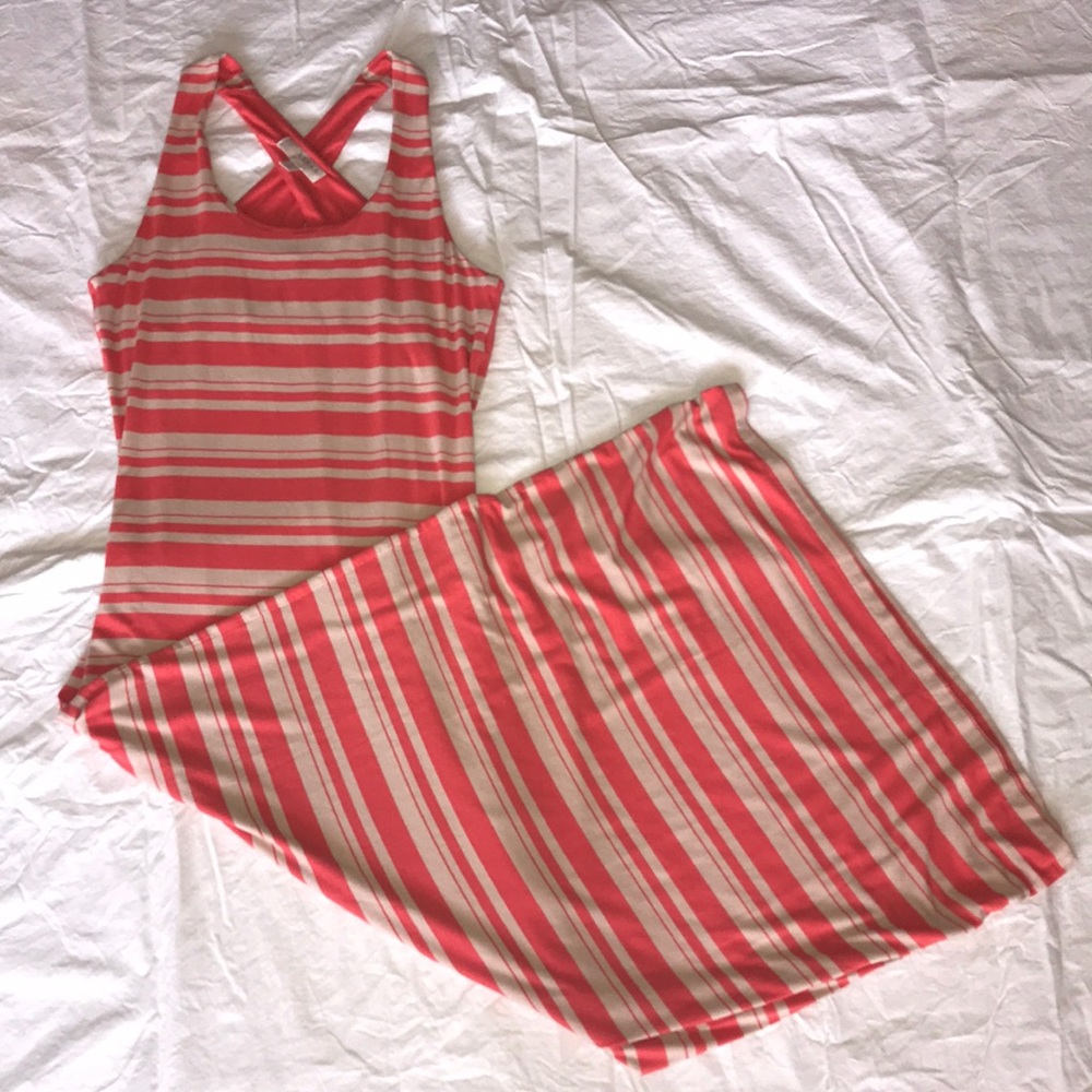 KENAR tan/coral strip maxi dress. Size med.
